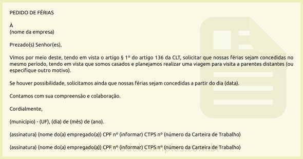 Modelo de Pedido de Férias pelos Membros da Família