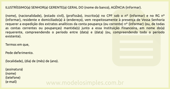 Modelo de Pedido de Fornecimento de Extrato de Conta Bancária