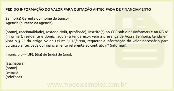 Modelo de Pedido de Informação do Valor para Quitação Antecipada de Financiamento