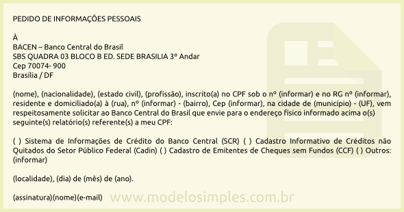 Modelo de Pedido de Informações Pessoais ao Banco Central