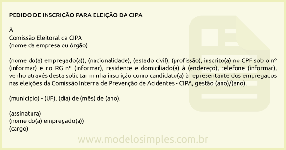 Modelo de Pedido de Inscrição de Candidato para Eleição da CIPA