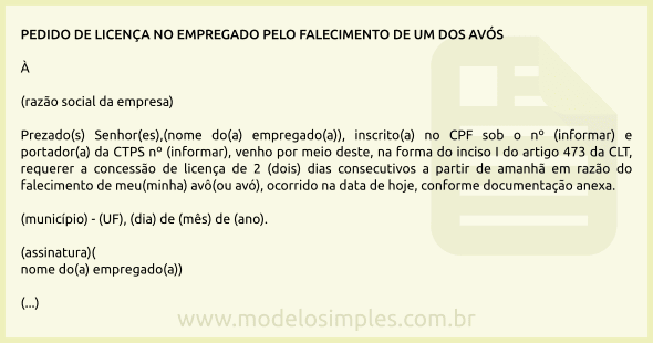 Modelo de Pedido de Licença no Emprego pelo Falecimento de um dos Avós