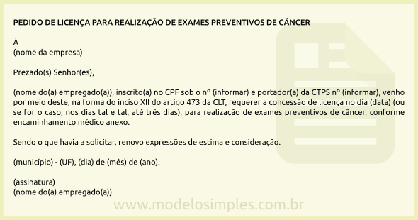 Modelo de Pedido de Licença para Exames Preventivos de Câncer