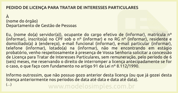 Modelo de Pedido de Licença para Tratar de Interesses 