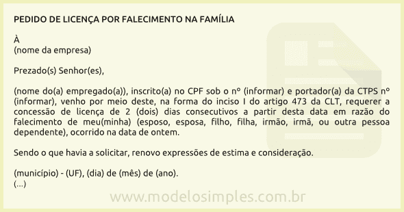 Modelo de Pedido de Licença por Falecimento na Família