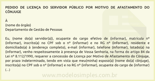 Modelo de Pedido de Licença por Motivo de Afastamento do Cônjuge