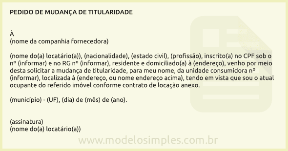 Modelo de Pedido de Mudança de Titularidade pelo Locatário