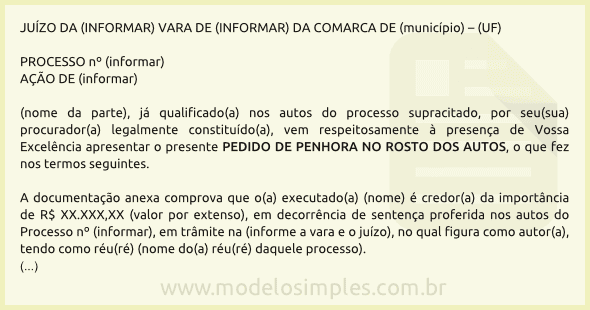 Modelo de Pedido de Penhora no Rosto dos Autos