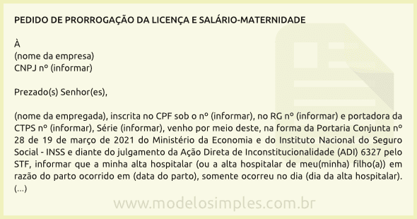 Modelo de Pedido de Prorrogação da Licença e Salário-Maternidade