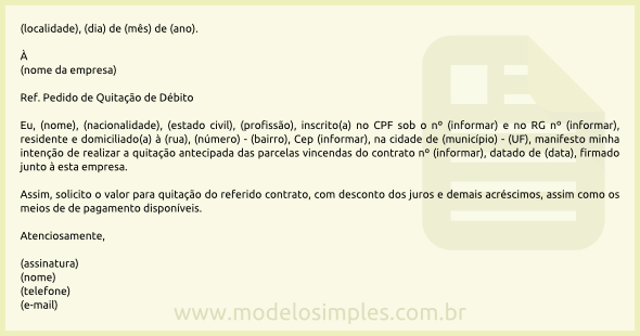 Modelo de Pedido de Quitação Antecipada de Débito