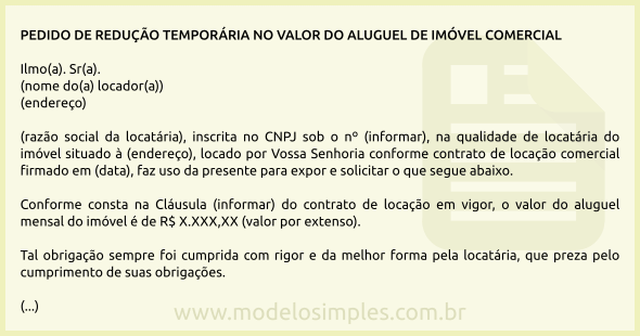 Modelo de Pedido de Redução no Valor do Aluguel de Imóvel Comercial