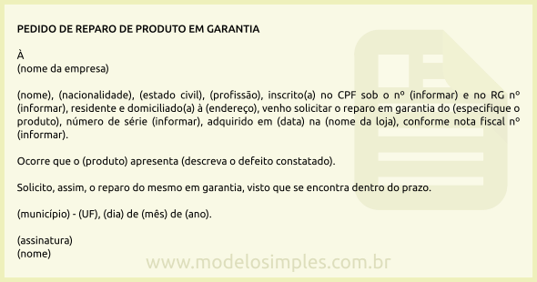 Modelo de Pedido de Reparo de Produto em Garantia