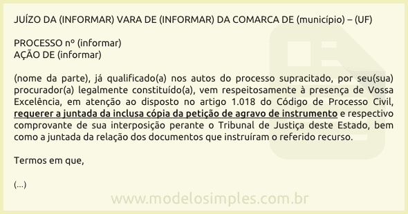 Modelo de Petição de Juntada de Comprovante de Interposição de Agravo de Instrumento