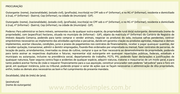 Modelo de Procuração para Administrar Imóvel Rural