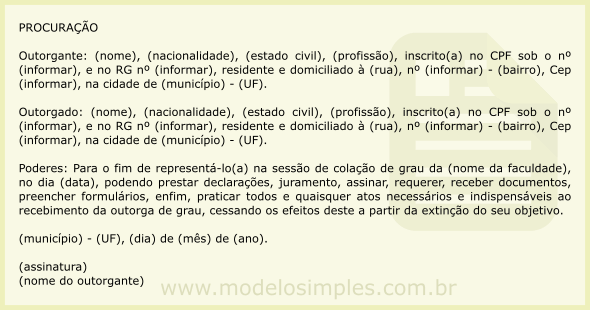 Modelo de Procuração para Colação de Grau