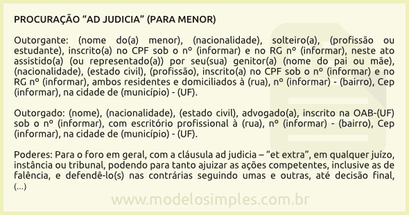 Modelo de Procuração para o Menor Assistido ou Representado