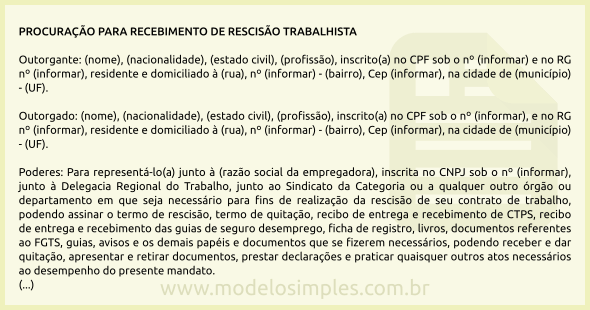 Modelo de Procuração para Recebimento de Rescisão Trabalhista