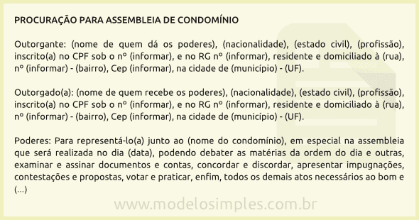 Modelo de Procuração para Representar o Condômino