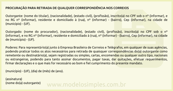 Modelo de Procuração para Retirada de Qualquer Correspondência nos Correios