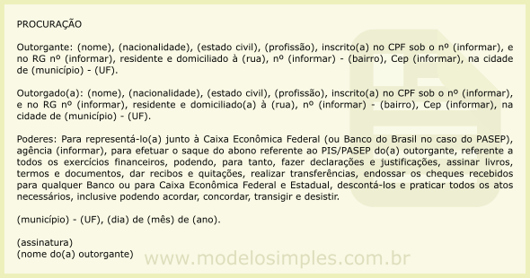 Modelo de Procuração para Sacar o PIS/PASEP