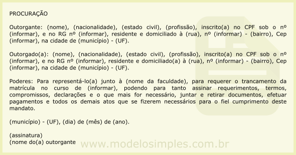 Modelo de Procuração para Trancar Matrícula de Universidade