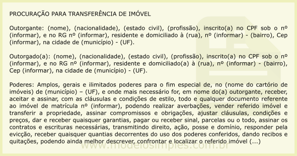 Modelo de Procuração para Transferência de Imóvel