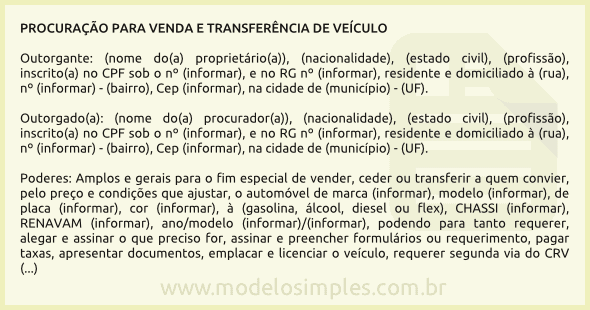 Modelo de Procuração para Venda de Automóvel