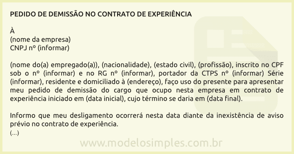 Modelo de Quebra de Contrato de Experiência pelo Empregado