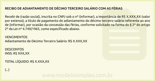 Modelo de Recibo de Adiantamento de Décimo Terceiro Salário com as Férias