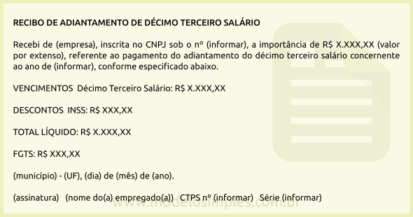 Modelo de Recibo de Adiantamento de Décimo Terceiro Salário