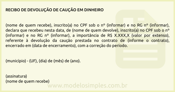 Modelo de Recibo de Devolução de Caução em Dinheiro