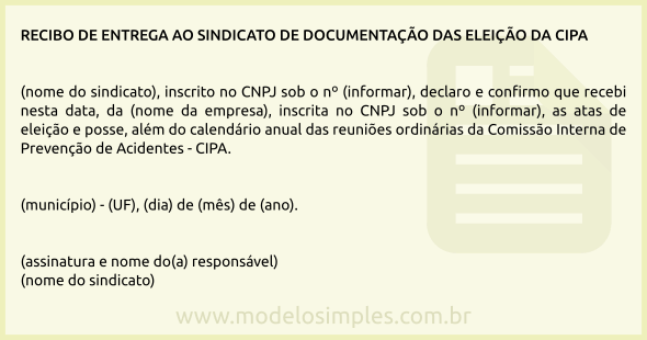 Modelo de Recibo de Entrega ao Sindicato de Documentação da CIPA