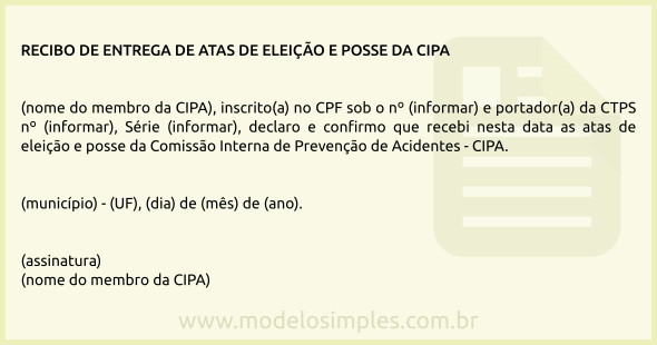 Modelo de Recibo de Entrega de Atas de Eleição e Posse aos Membros da CIPA