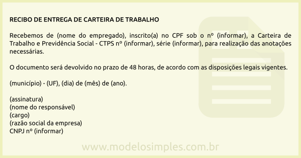 Modelo de Recibo de Entrega de Carteira de Trabalho