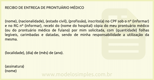 Modelo de Recibo de Entrega de Cópia de Prontuário Médico