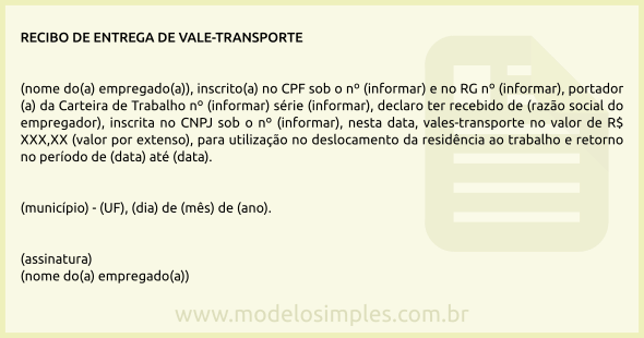 Modelo de Recibo de Entrega de Vale-Transporte