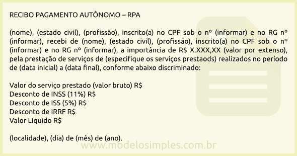 Modelo de Recibo de Pagamento a Autônomo (RPA)