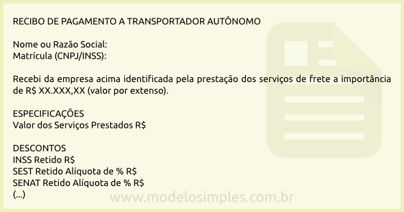 Modelo de Recibo de Pagamento a Transportador Autônomo