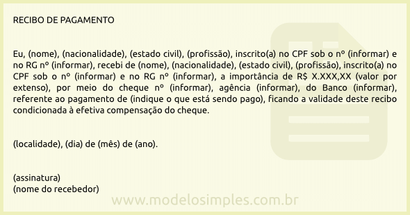 Modelo de Recibo de Pagamento com Cheque