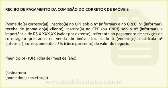 Modelo de Recibo de Pagamento da Comissão do Corretor de Imóveis