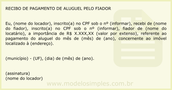 Modelo de Recibo de Pagamento de Aluguel pelo Fiador