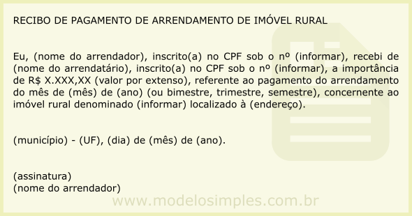 Modelo de Recibo de Pagamento de Arrendamento de Imóvel Rural