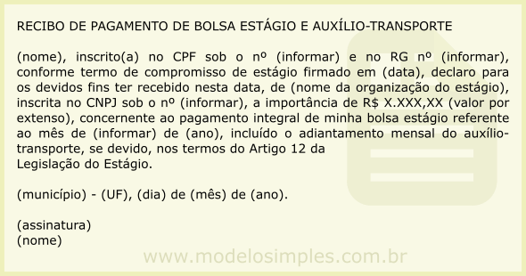 Modelo de Recibo de Pagamento de Bolsa Estágio e Auxílio-Transporte.