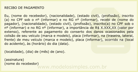 Modelo de Recibo de Pagamento de Danos por Acidente de Trânsito