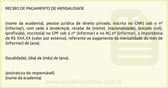 Modelo de Recibo de Pagamento de Mensalidade de Academia