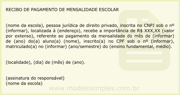 Modelo de Recibo de Pagamento de Mensalidade Escolar