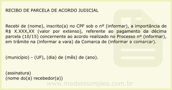 Modelo de Recibo de Pagamento de Parcela de Acordo Judicial