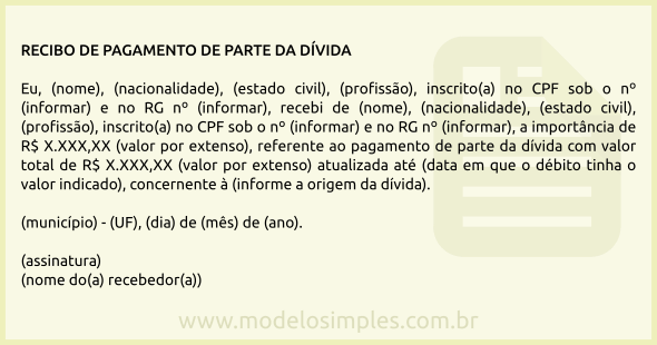 Modelo de Recibo de Pagamento de Parte da Dívida