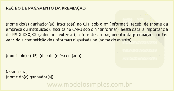 Modelo de Recibo de Pagamento de Premiação