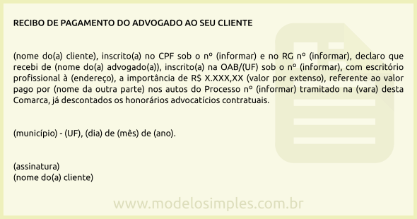 Modelo de Recibo de Pagamento do Advogado ao Cliente